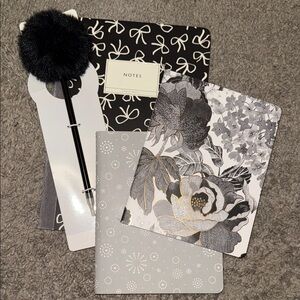 Beautiful Papyrus Notebook Black and Gray Floral Notebooks Set- Pom Pom Pen!